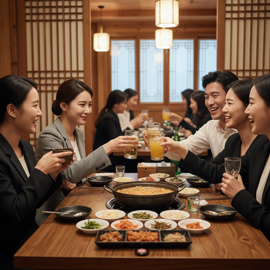 회식 자리에서 차를 마시는 직장인