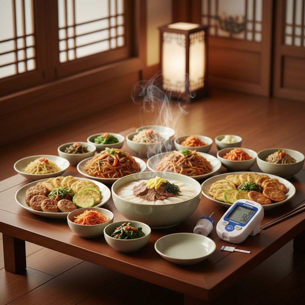 명절 음식 당뇨 혈당 관리를 위한 전통 설날 상차림과 혈당측정기