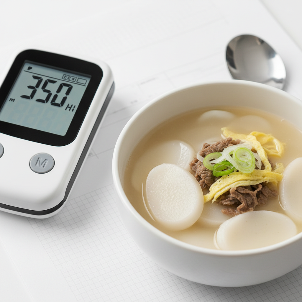 떡국과 혈당 상승을 보여주는 혈당측정기 화면